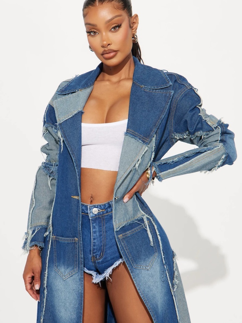 Fashion Nova Patchwork Denim Trench Coat in Blue - Picture 2 of 3